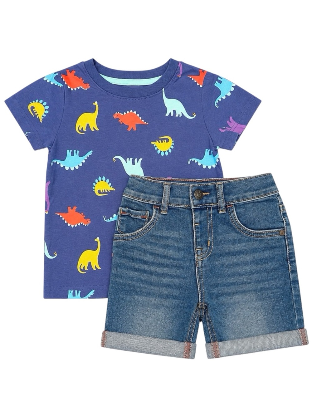 Cat & Jack 18M Dinosaur Shirt, Denim Shorts Outfit Set Toddler Boy EUC